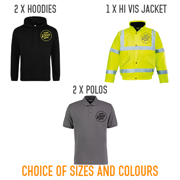 Picture of 2 x Kustom Kit Polo, 2  x College Hoodie, 1 x Hi Vis Bomber